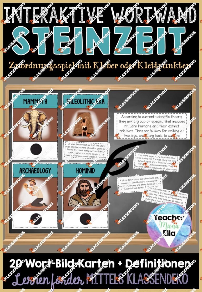 Steinzeit Interaktive Wortwand | Zuordnungsspiel mit Kleber oder Klettpunkten